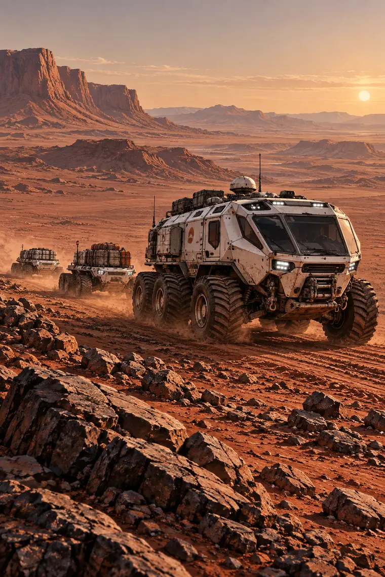 The survey convoy crossing the Martian plain