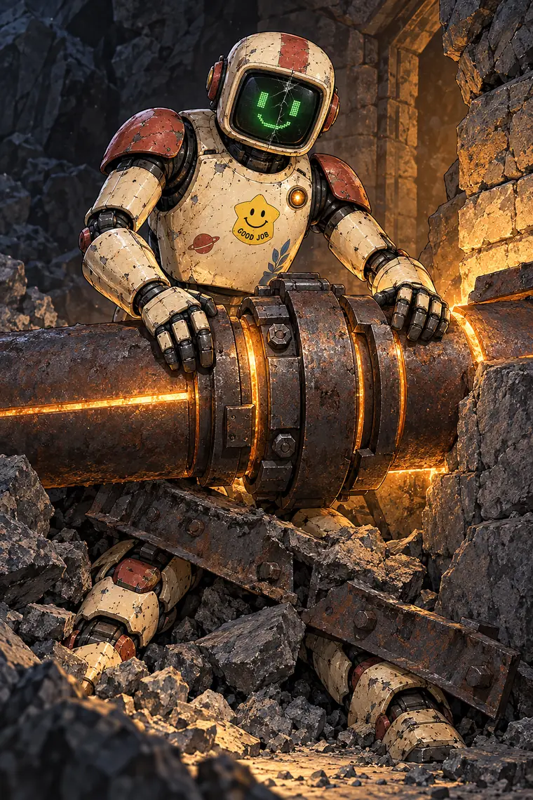 Patch the maintenance robot bracing a glowing pipe