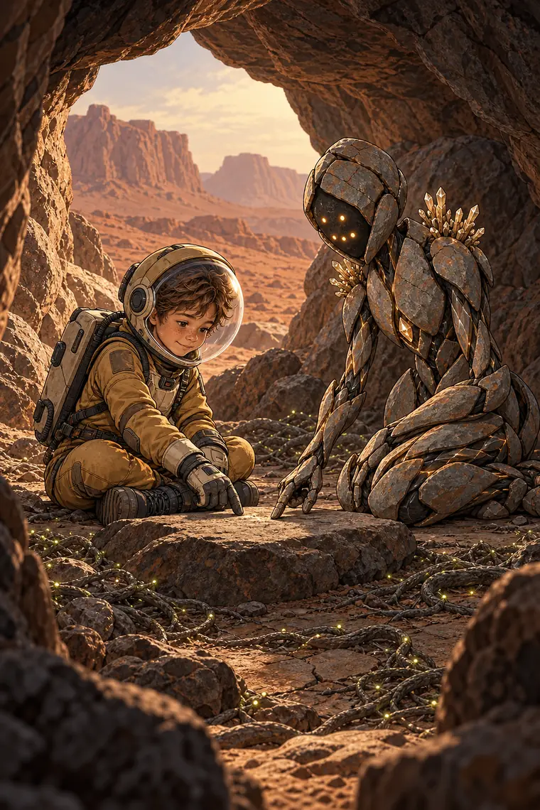 Sol meeting a figure of living stone in a rock hollow
