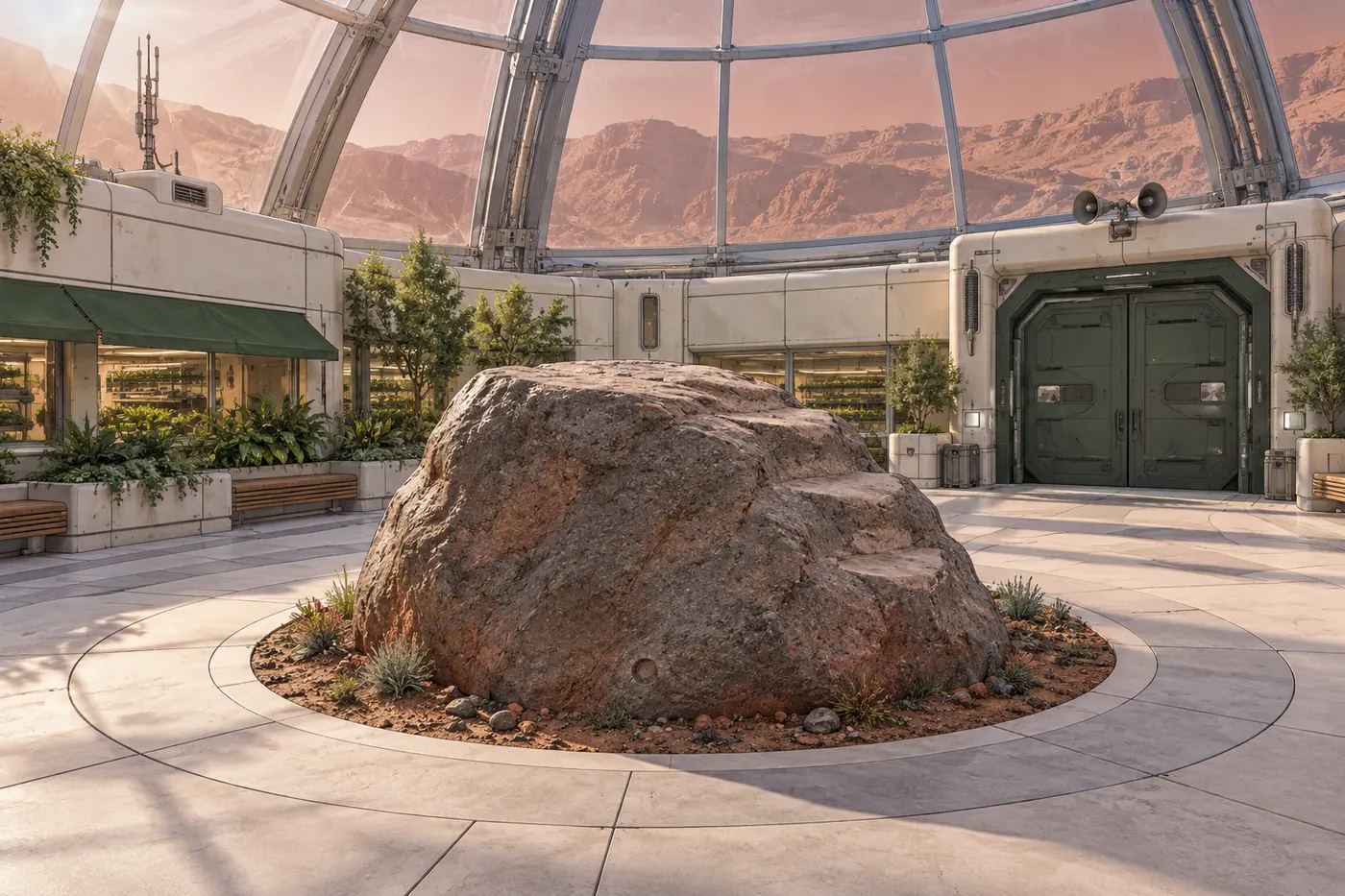 The colony plaza under its glass dome, a great boulder at its center